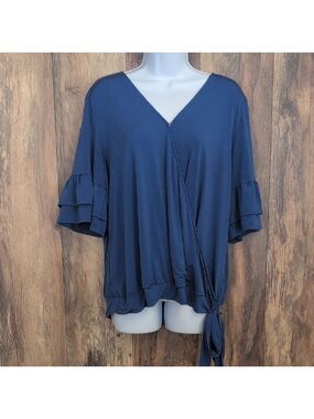 Notations Navy Ruffle Sleeve V Neck Blouse XL                           D216